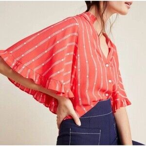 Anthropologie Maeve Aveiro Flutter Sleeve Button Down V Neck Blouse Size Large